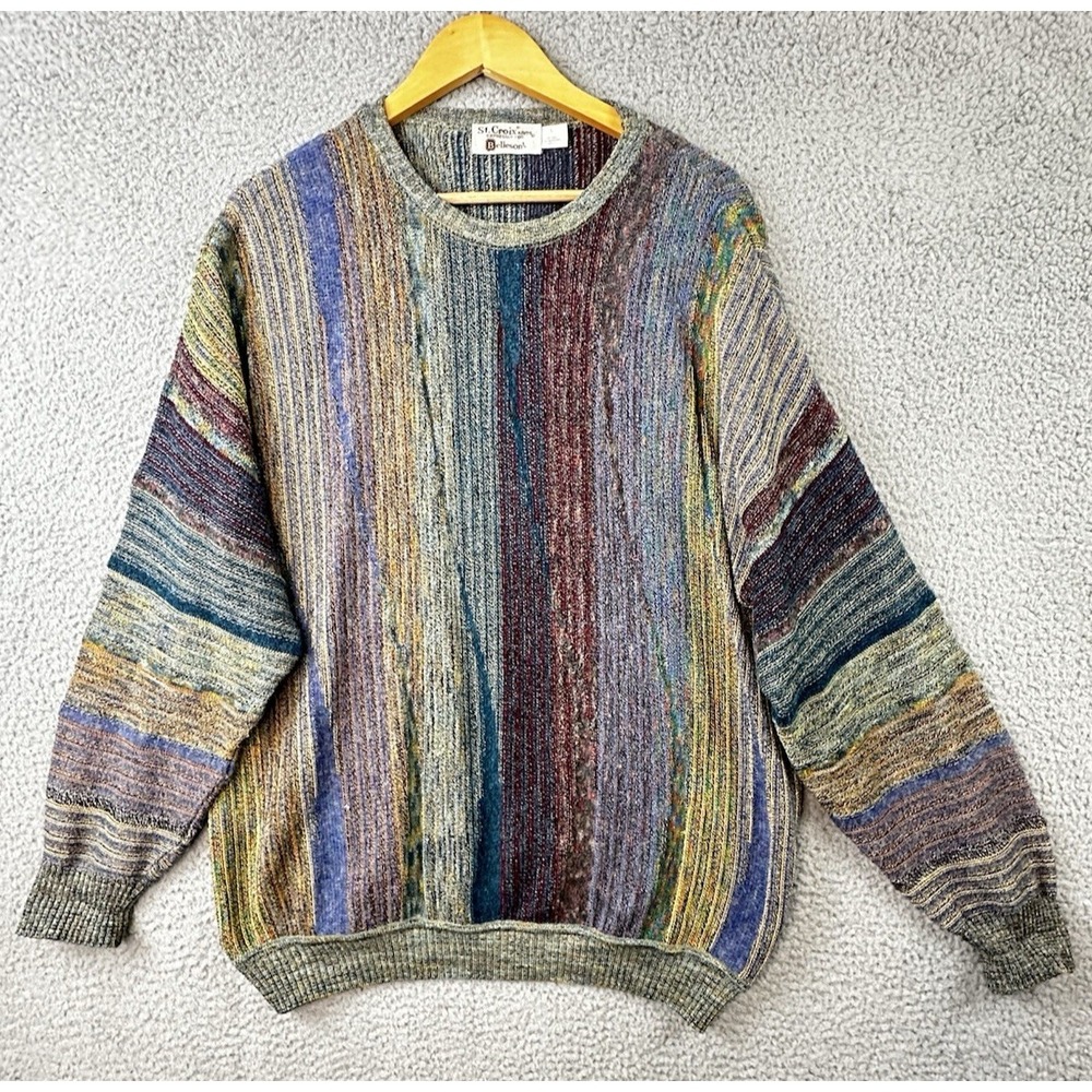 VTG St Croix Textured Knit Sweater Men XL Striped Multicolor Crew Neck Wool